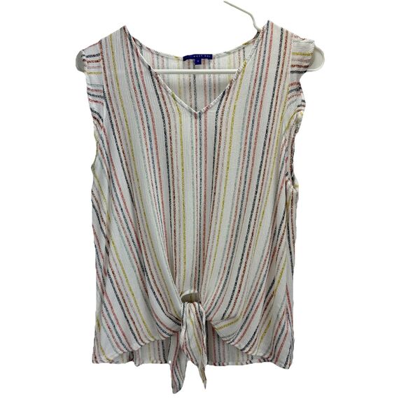 West Kei Ophelia Flutter Sleeve Striped Sleeveless‎ V-Neck Tie-Front Top Size L - Picture 1 of 7